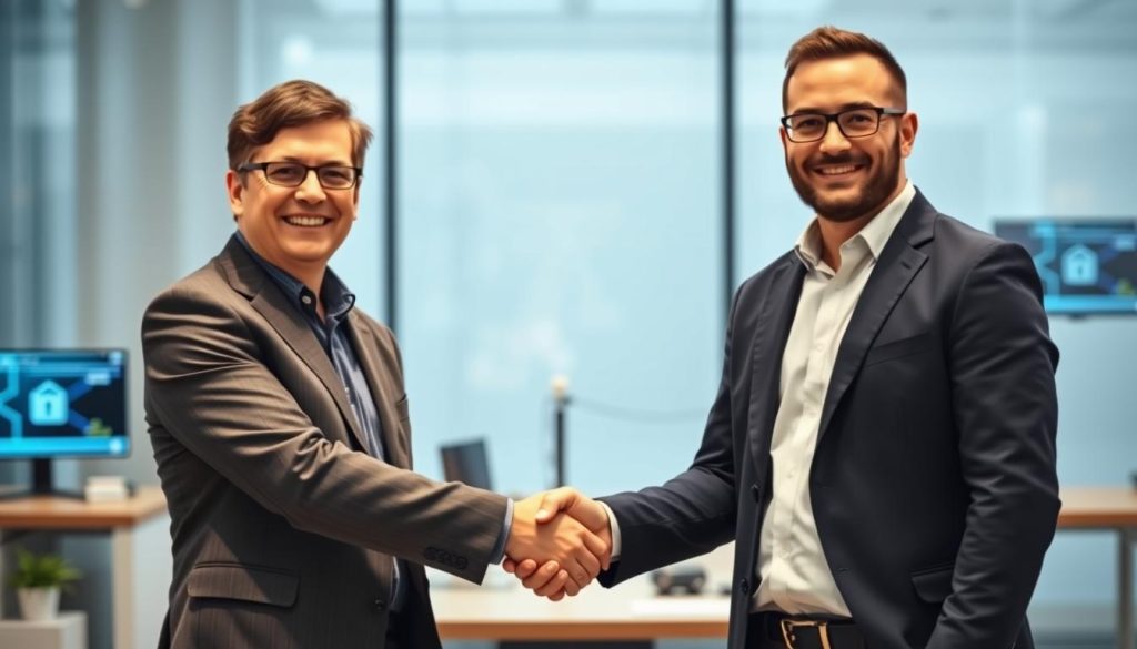 Business leader and Opsio security expert shaking hands after successful network security assessment