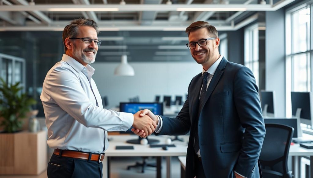 Business leader and cybersecurity expert shaking hands after successful assessment