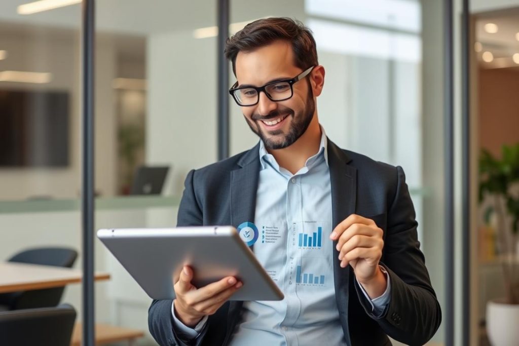 Business leader reviewing cybersecurity assessment results with improved metrics