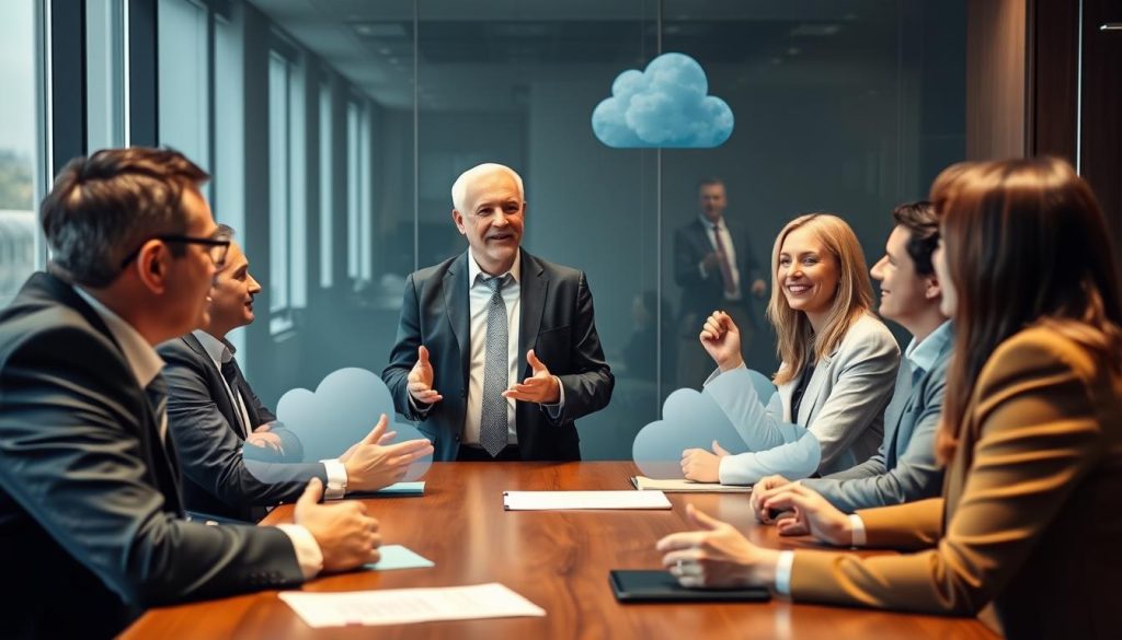 Business leaders discussing cloud application benefits