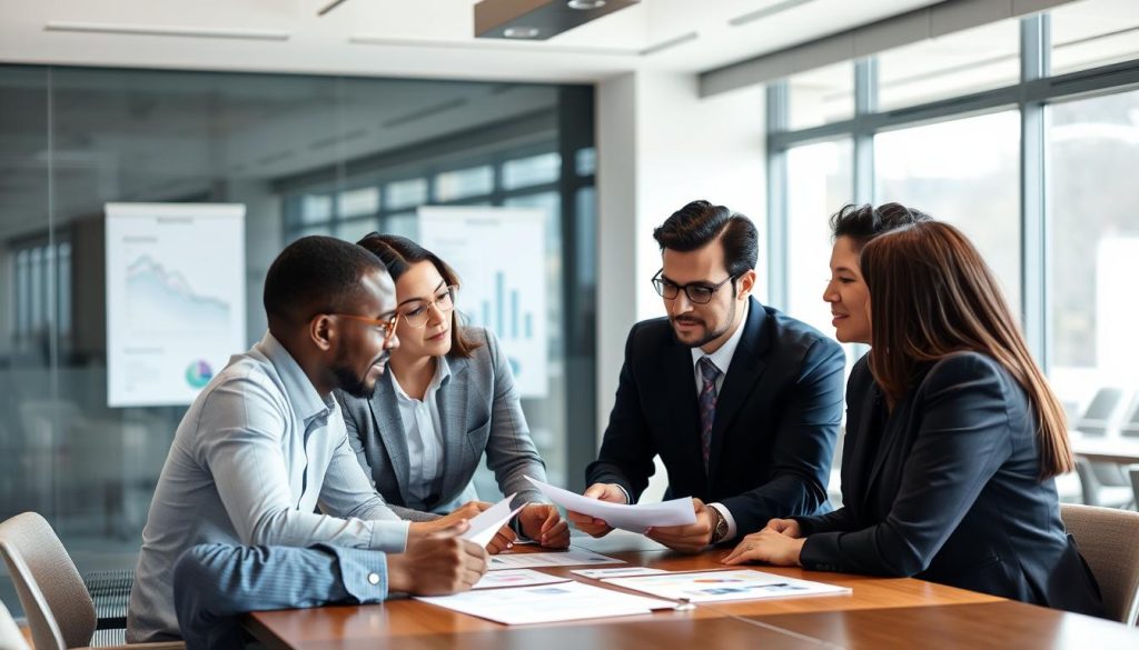 Business leaders discussing cybersecurity strategy based on assessment findings