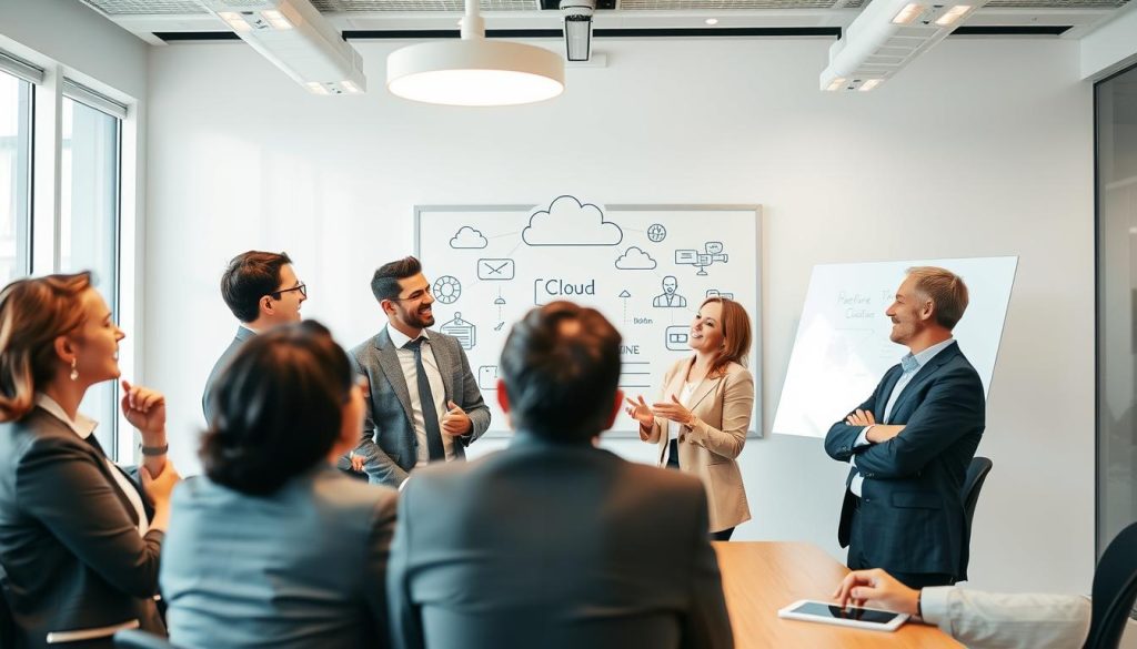 Företagsledare diskuterar framtida innovation som möjliggörs av molnteknik