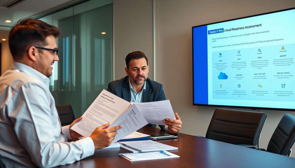 Business leaders reviewing Opsio's cloud readiness assessment report
