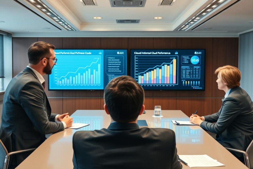 Business leaders reviewing cloud performance improvements