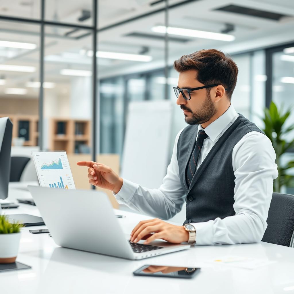 Business professional analyzing cost reduction data on laptop