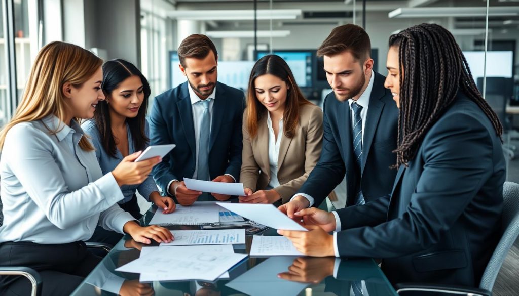 Business professionals analyzing cloud cost data on a digital dashboard
