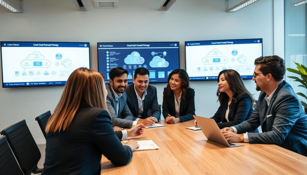 Business professionals discussing cloud strategy services at a conference table Business professionals discussing cloud strategy services at a conference table