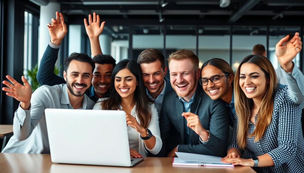 Business team celebrating successful cloud migration optimization