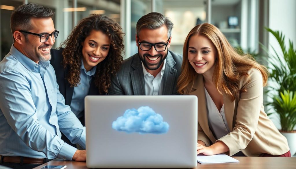 Business team celebrating successful cloud migration results