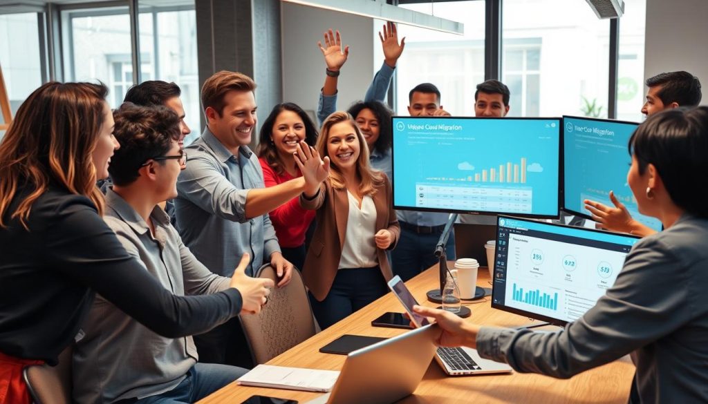 Business team celebrating successful cloud migration with Opsio