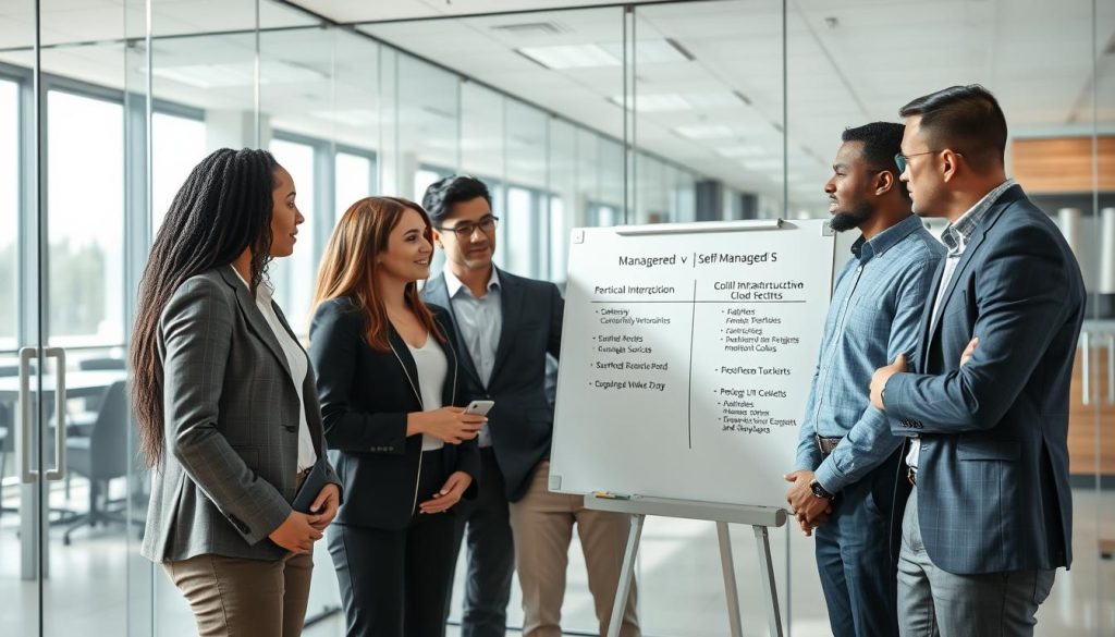 Business team discussing managed AWS vs self-managed cloud options in a modern office setting