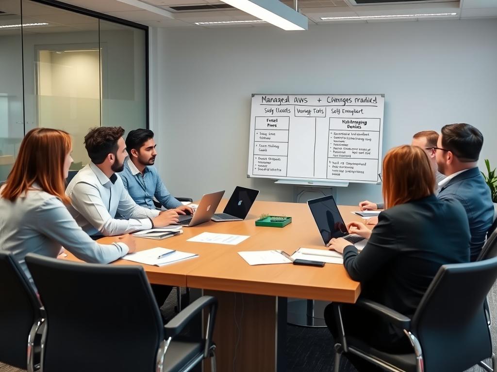 Business team evaluating managed AWS vs self-managed options with a decision framework