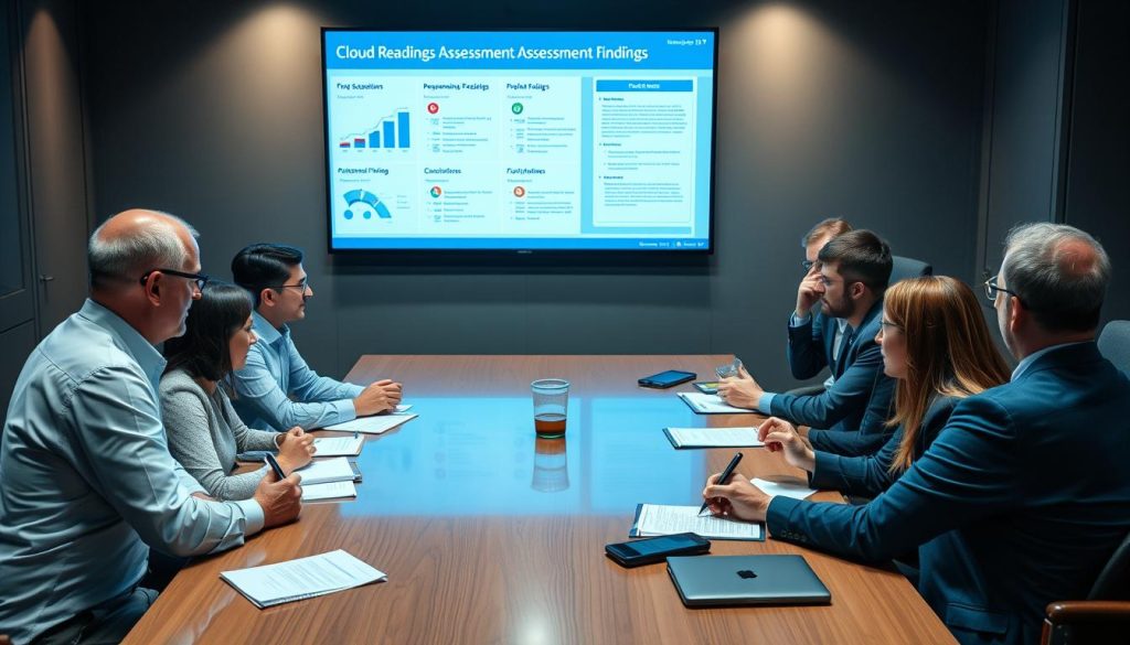 Business team reviewing cloud readiness assessment results in a meeting room