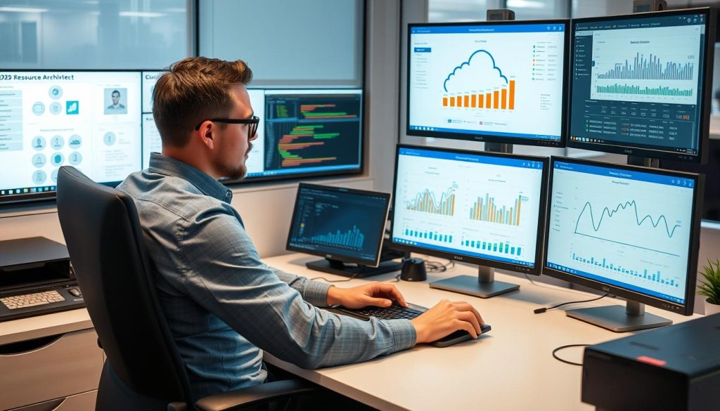 Cloud architect working on resource optimization diagrams