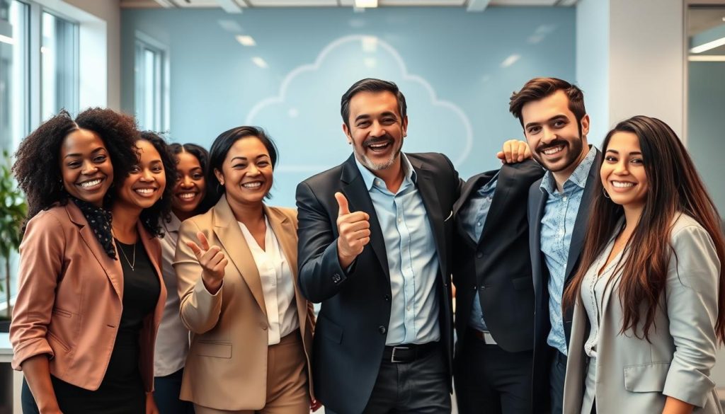 Cloud development team celebrating successful project completion