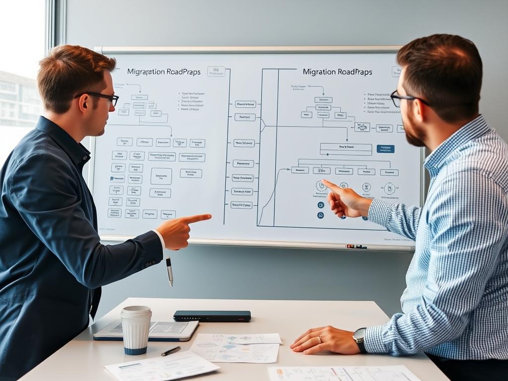 Cloud migration planning session with technical diagrams
