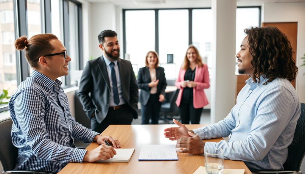 Cloud optimization specialists discussing strategy with client