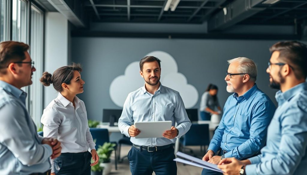Cloud specialists working with multi-cloud architecture diagrams