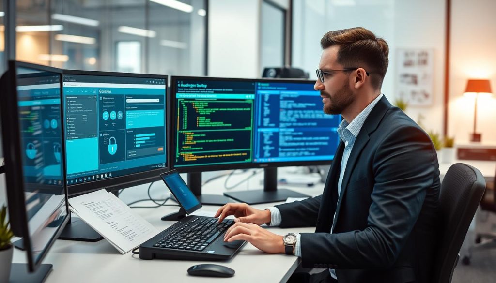 Cybersecurity expert implementing cloud security measures