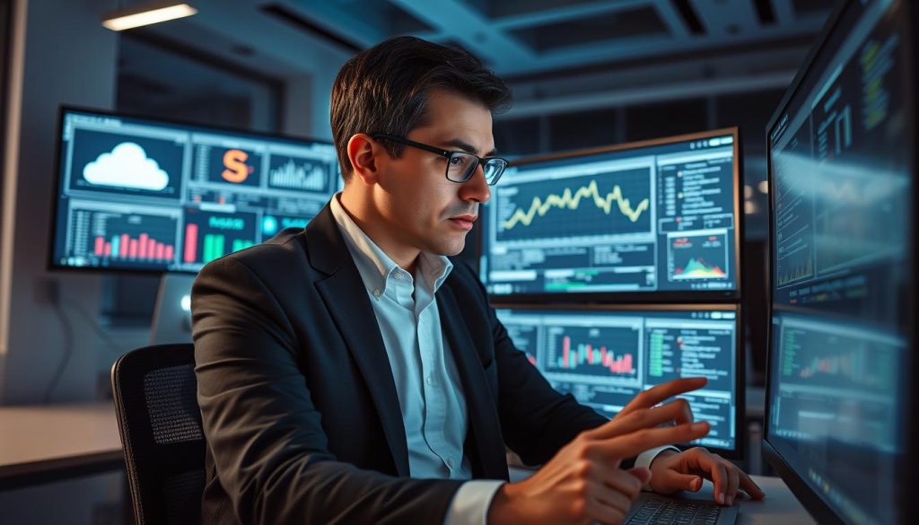 Cybersecurity professional analyzing cloud security data on multiple screens