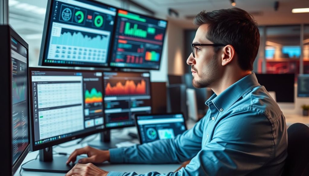 Cybersecurity professional analyzing security assessment results on multiple screens