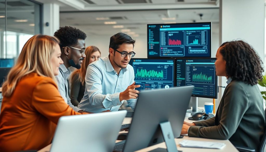 Cybersecurity professionals analyzing security assessment data on multiple screens
