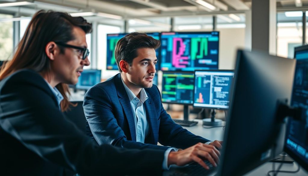 Cybersecurity professionals analyzing security data on computers in a modern office environment