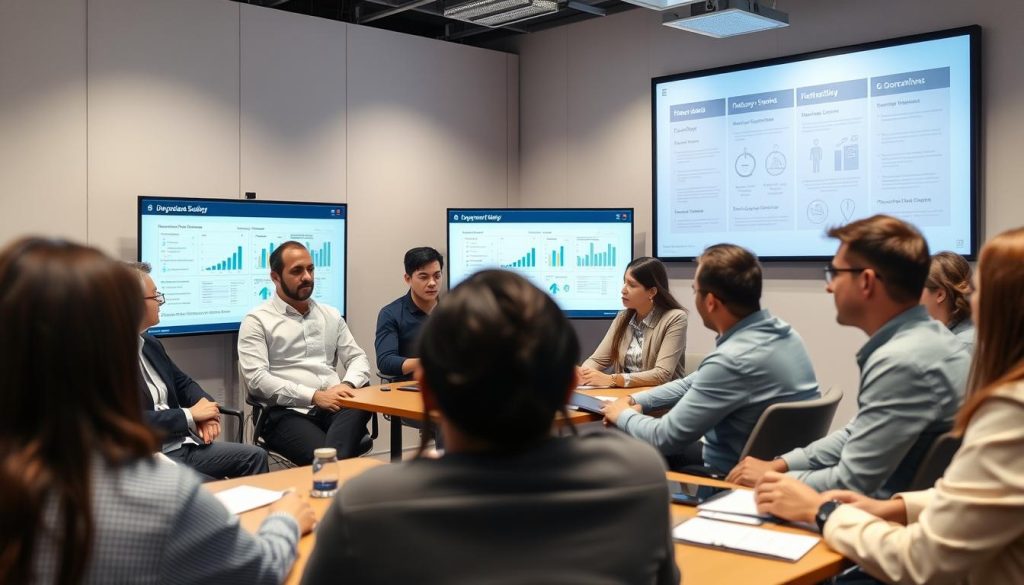 Cybersecurity professionals discussing industry-specific security requirements