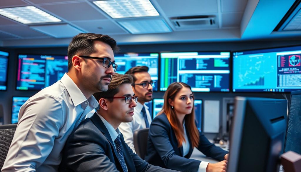 Cybersecurity professionals monitoring cloud security protocols