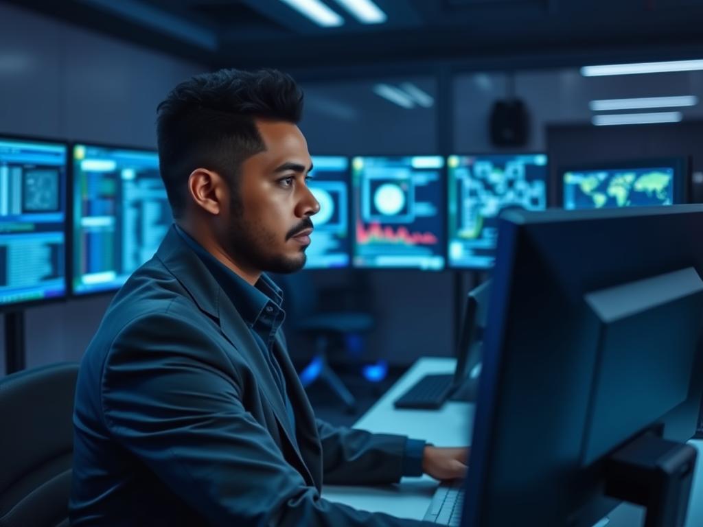 Cybersecurity specialist monitoring data center security systems
