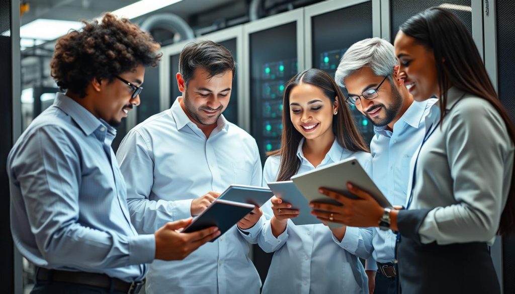 Diverse IT professionals collaborating in a modern data center environment