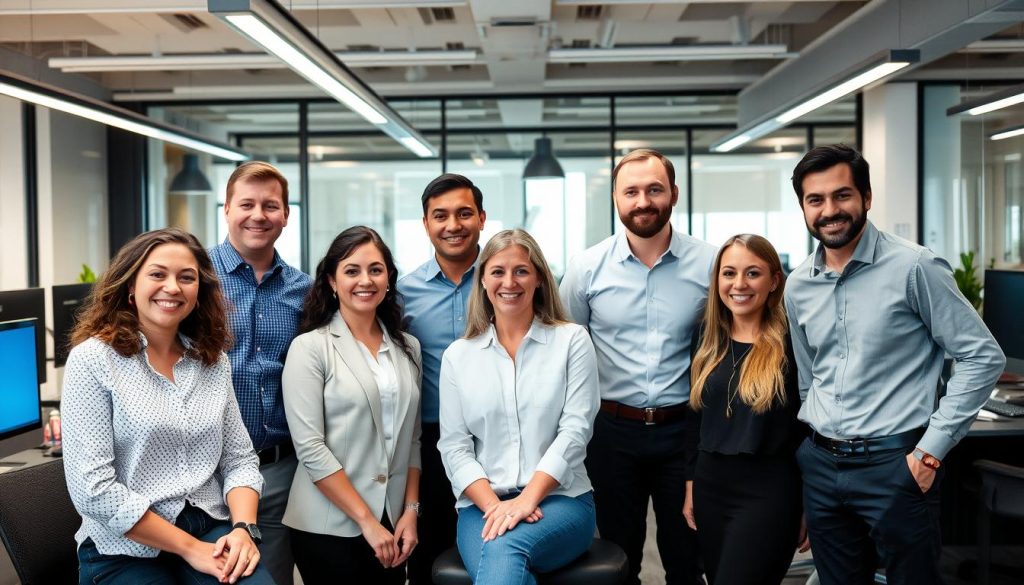 Diverse team av IT-konsulter från Opsio i en kontorsmiljö