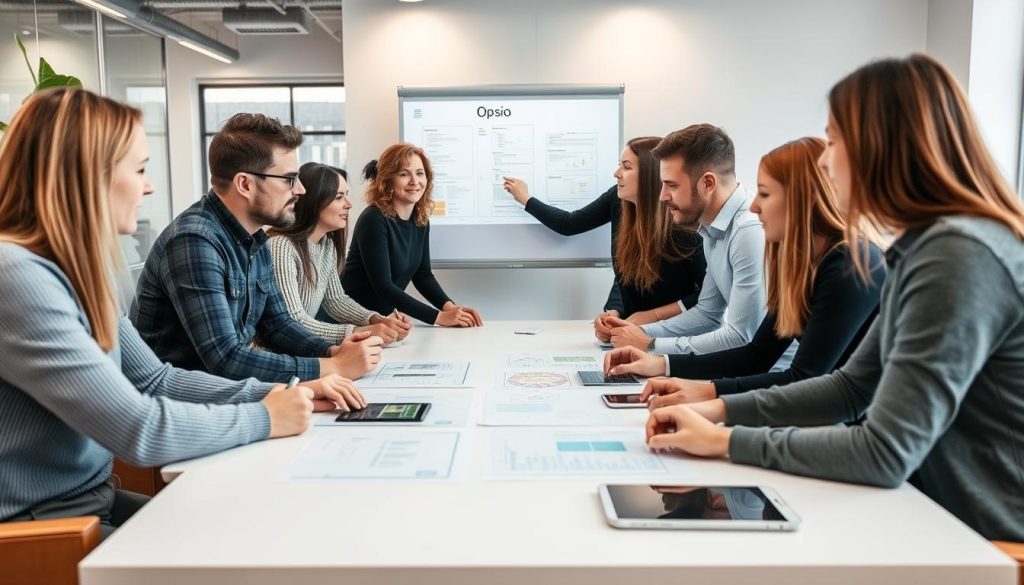 Diverse team av IT-konsulter från Opsio som samarbetar i ett projektmöte