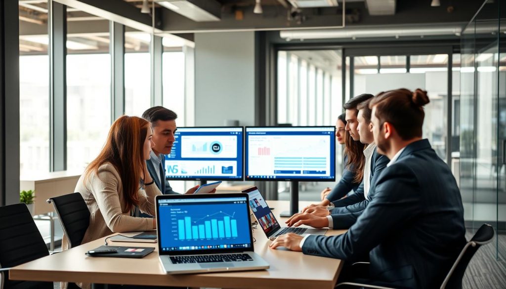 Diverse team of IT professionals collaborating on cloud security risk assessment