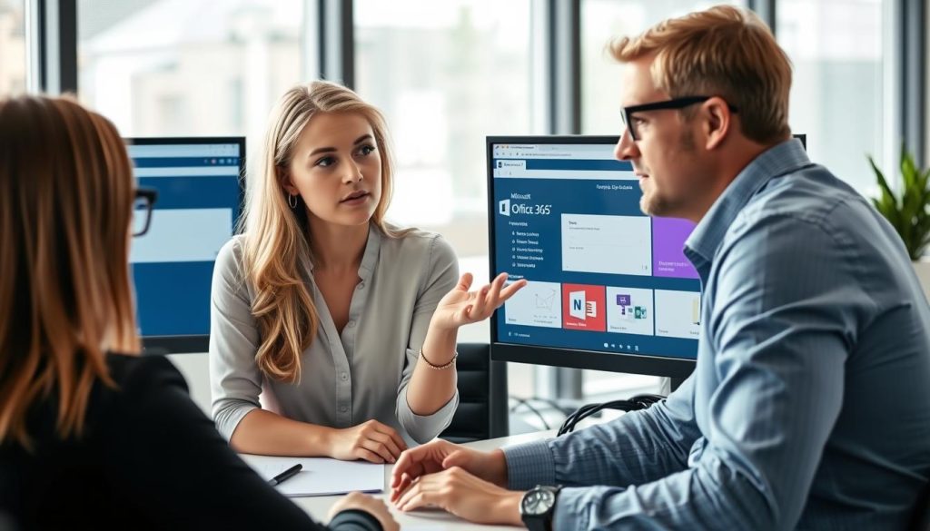 En Office 365 konsult som arbetar med en klient vid ett skrivbord
