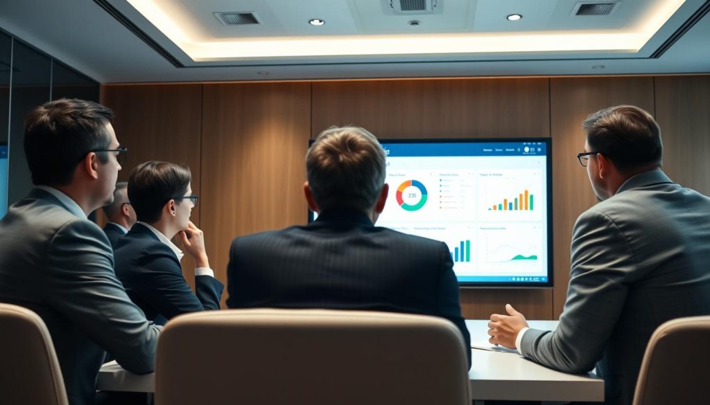 Executive team reviewing security dashboard in boardroom meeting
