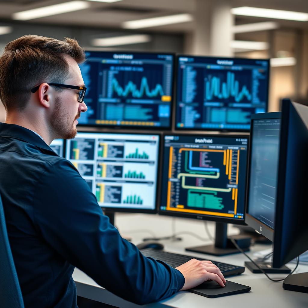 IT-drift specialist från Opsio arbetar med serverövervakning på flera skärmar