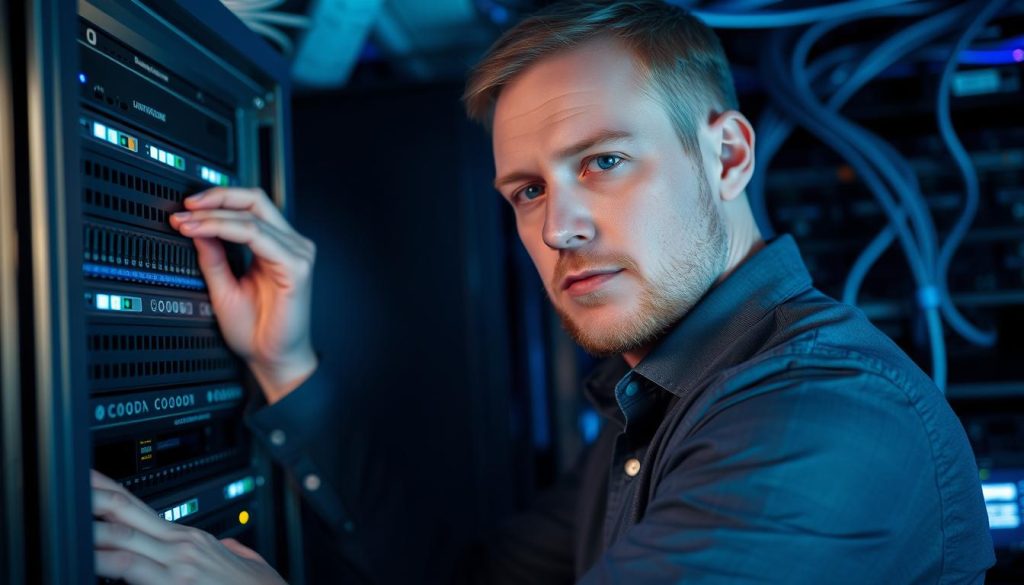 IT-drift specialist från Opsio konfigurerar nätverksutrustning
