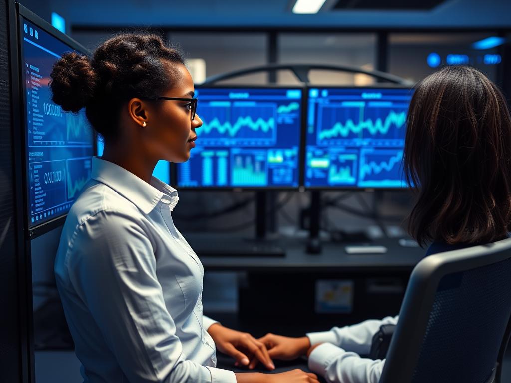 IT engineer monitoring cloud data center systems on multiple screens