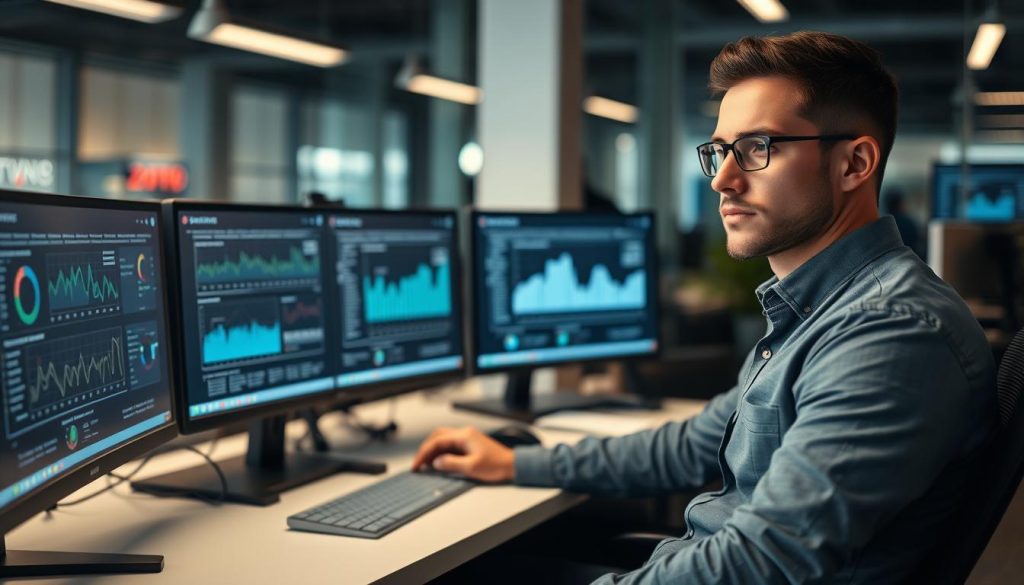 IT engineer optimizing cloud infrastructure performance on multiple monitors