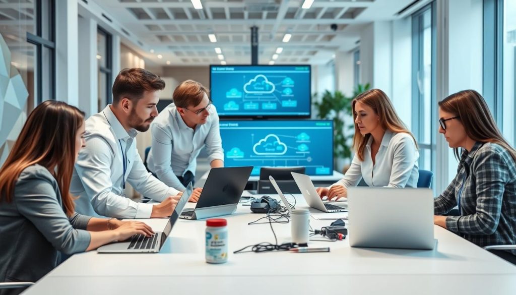 IT-konsult Opsio team samarbetar kring ett projekt