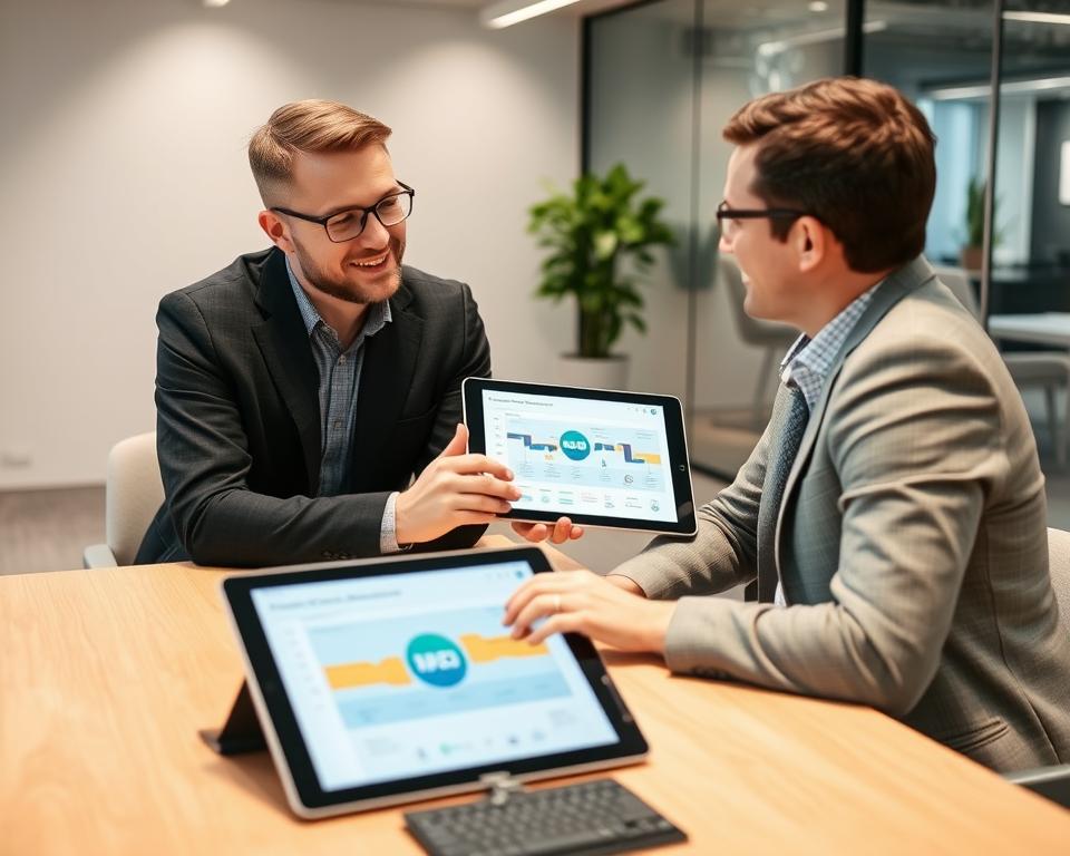 IT-konsult från Opsio som diskuterar en digital transformationsstrategi med en klient