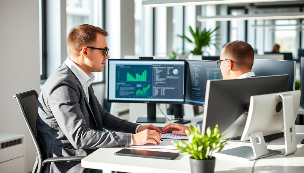 IT-konsult från Opsio som samarbetar med klient vid ett skrivbord med flera skärmar IT-konsult från Opsio som samarbetar med klient vid ett skrivbord med flera skärmar