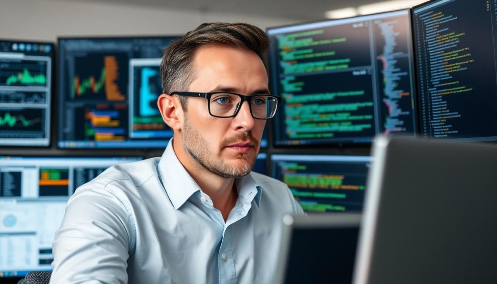 IT-konsult som analyserar data och system på flera skärmar
