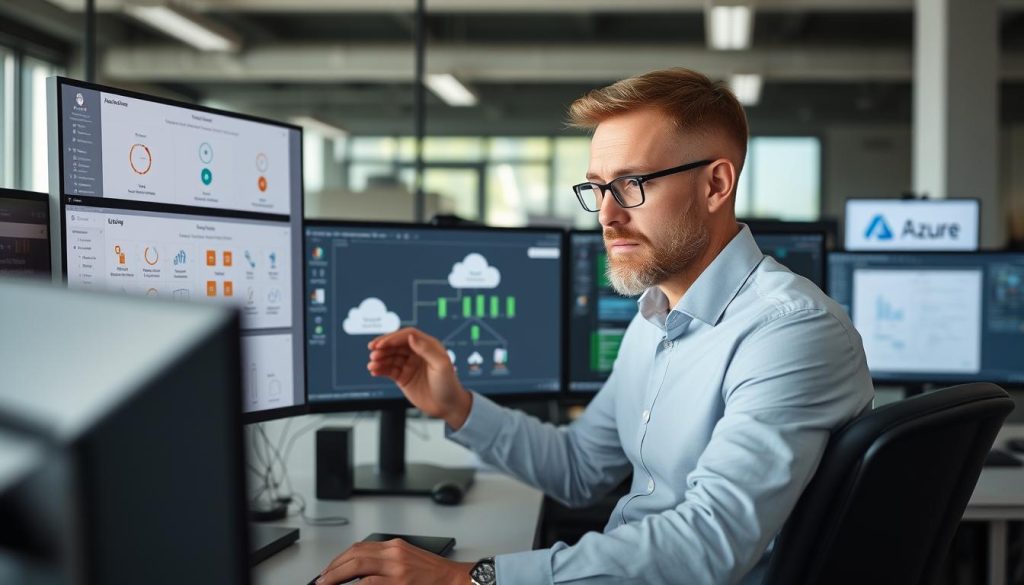 IT-konsult som analyserar molnarkitektur på datorskärm