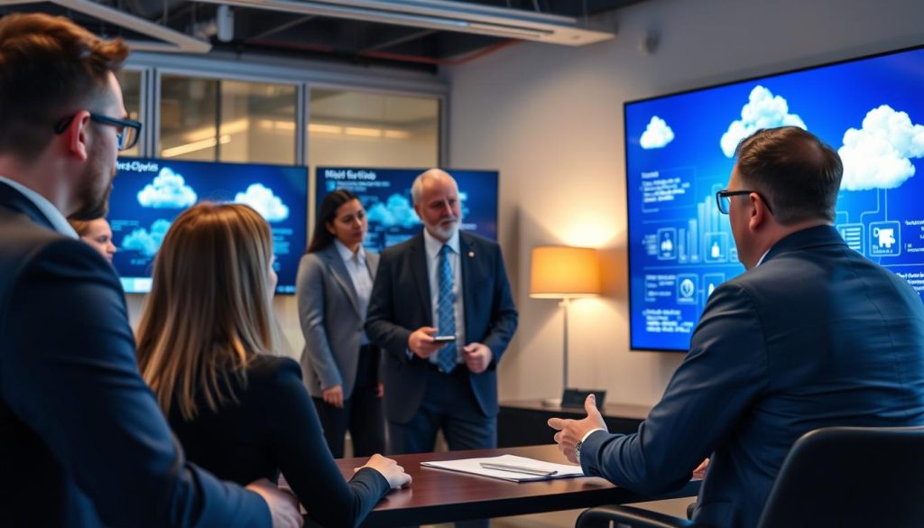 IT-konsult som besvarar frågor från kunder om molntjänster