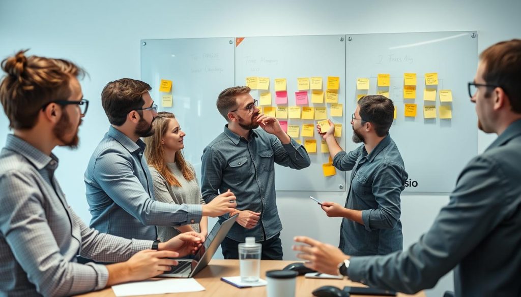 IT-konsulter från Opsio som arbetar enligt agil metodik med post-it lappar på en vägg