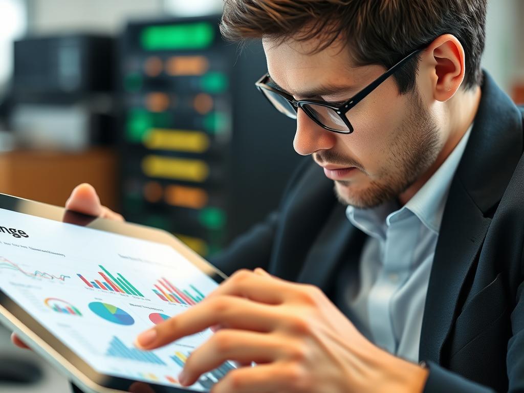 IT manager analyzing resource utilization graphs on a tablet