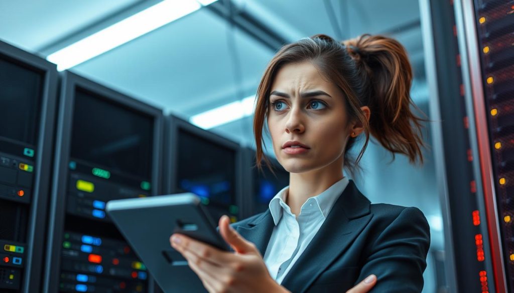 IT manager looking concerned while examining server infrastructure issues