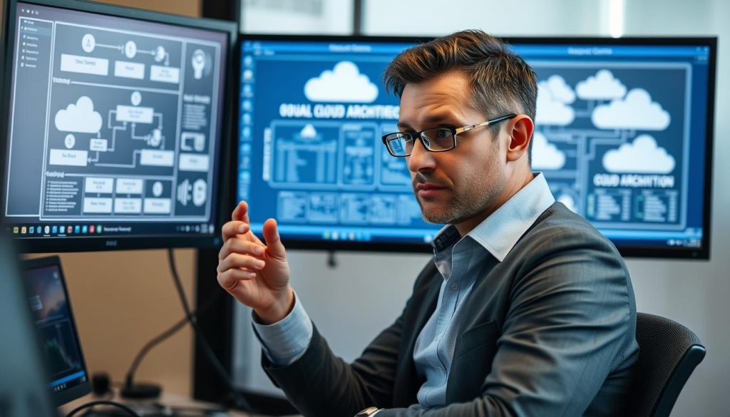 IT professional analyzing cloud application architecture diagrams